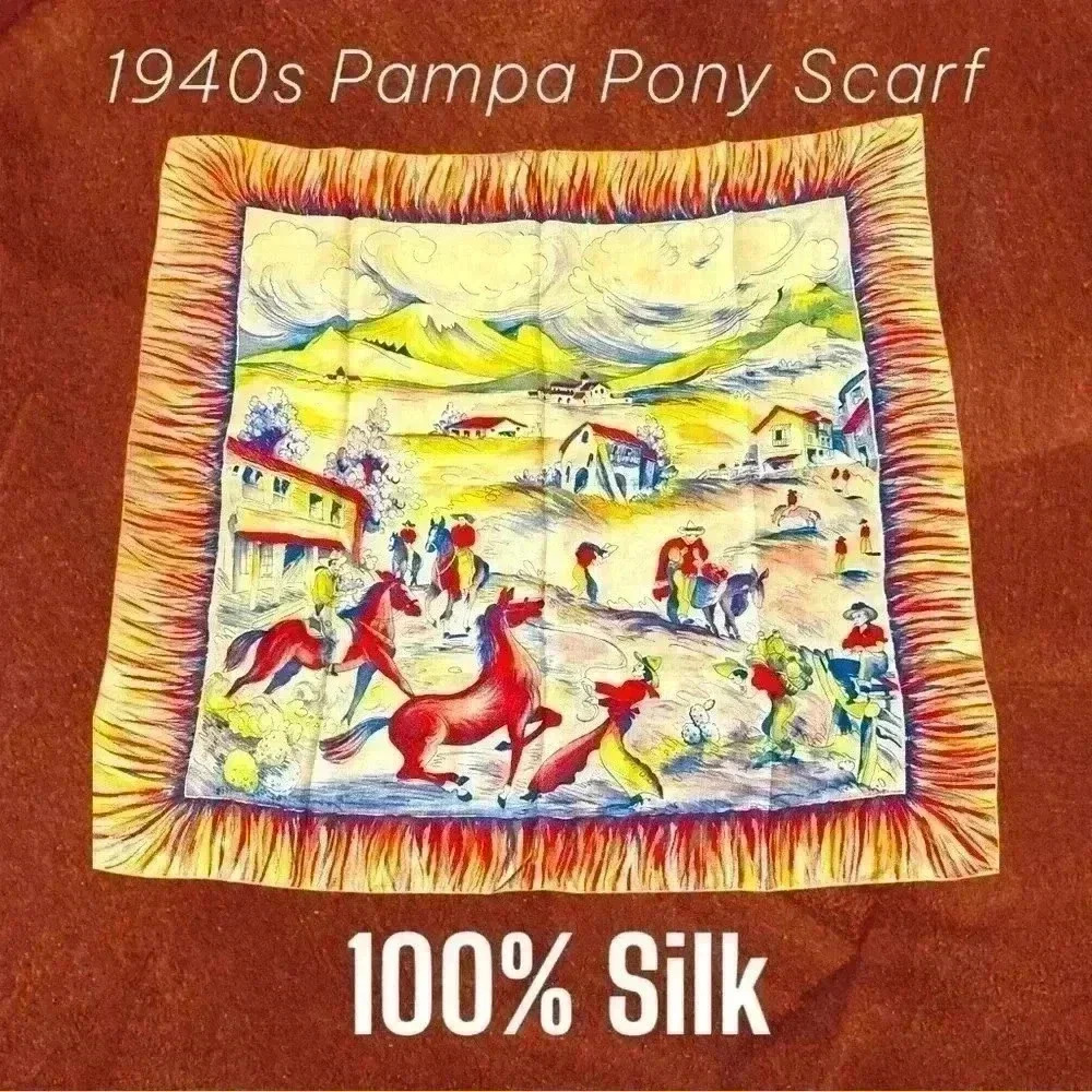 Vintage Bode 1940’s Pampa Pony Cowboy Scarf 100% Silk
